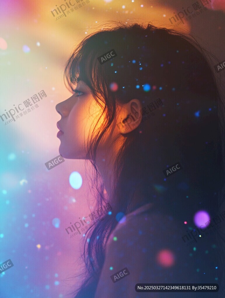 梦幻光影下的少女侧影