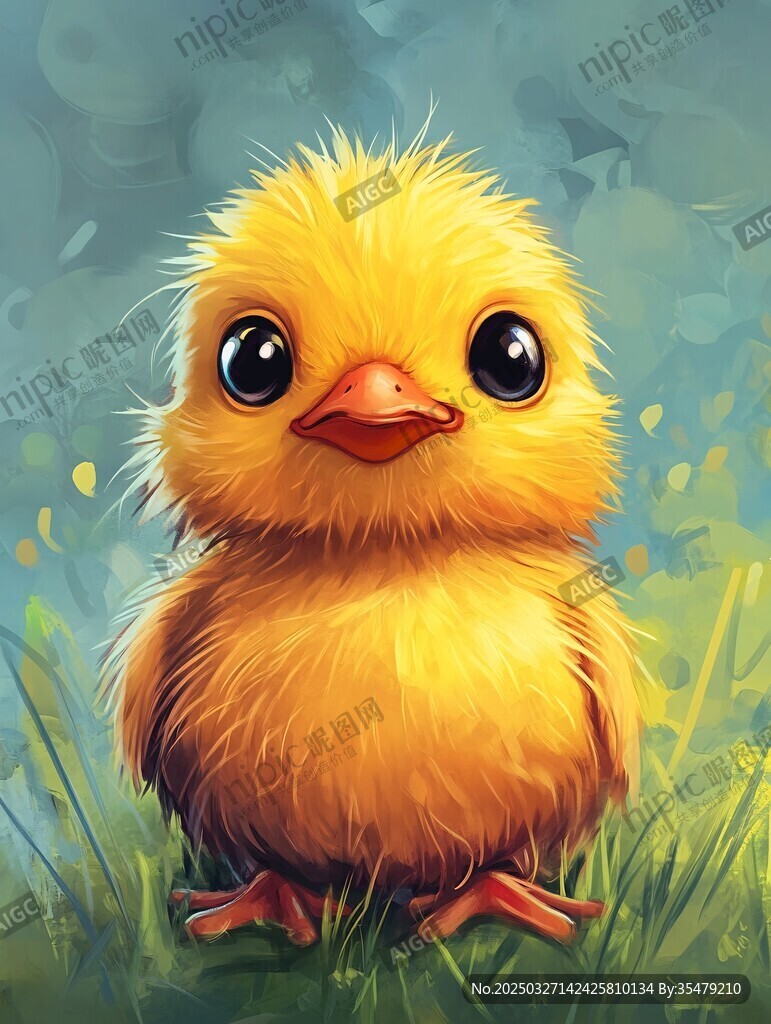可爱小黄鸡站立在绿草地上