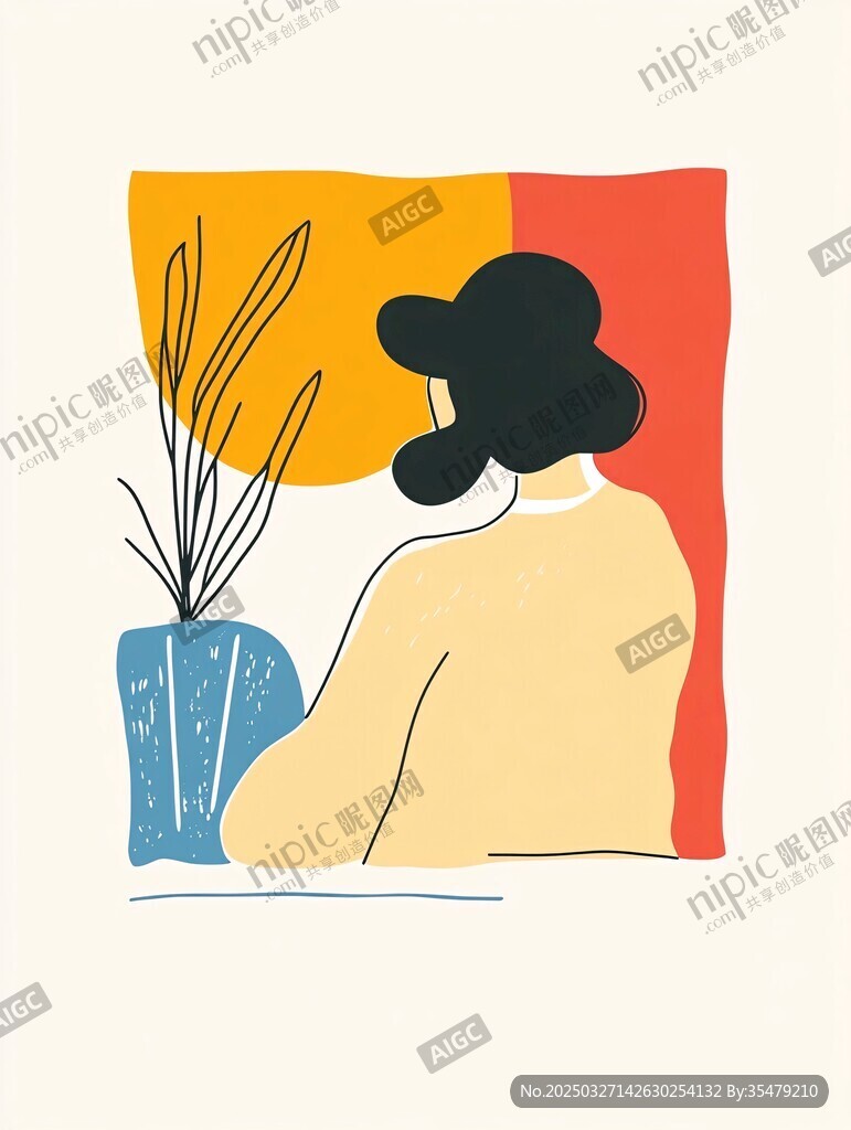 背影女子与窗边绿植