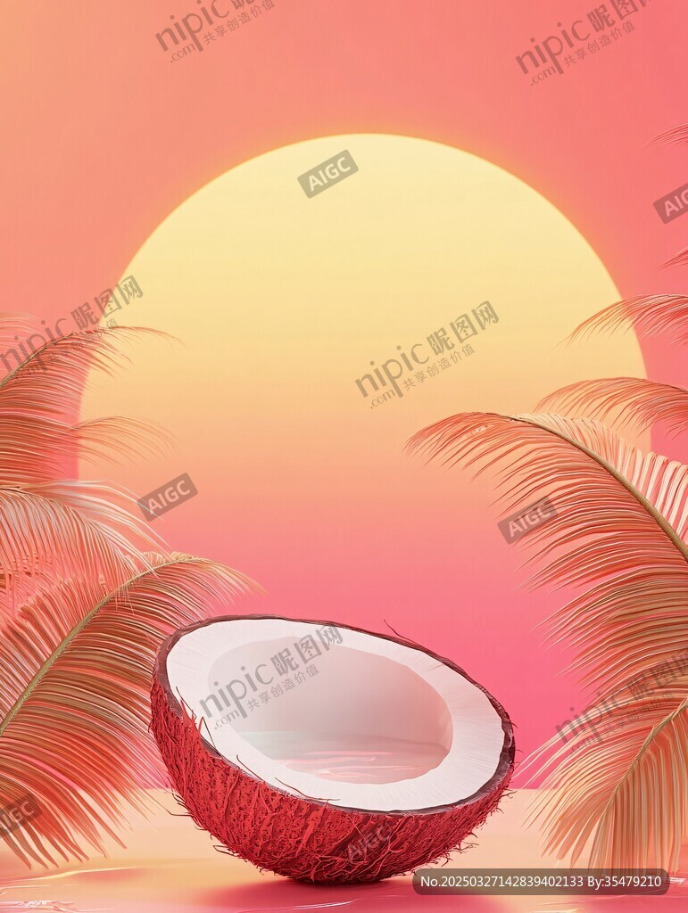 夕阳下的椰果与棕榈叶