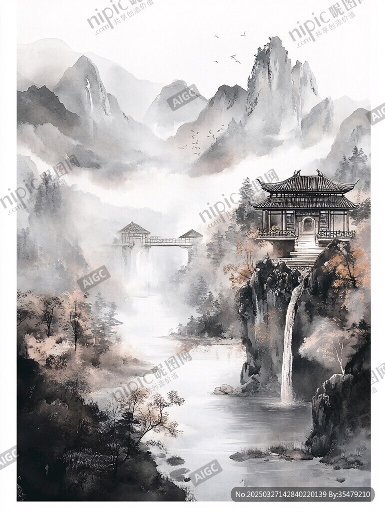 水墨山水间的古韵楼阁