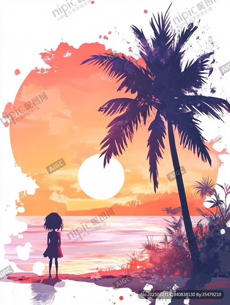 女孩于椰树下赏日落美景