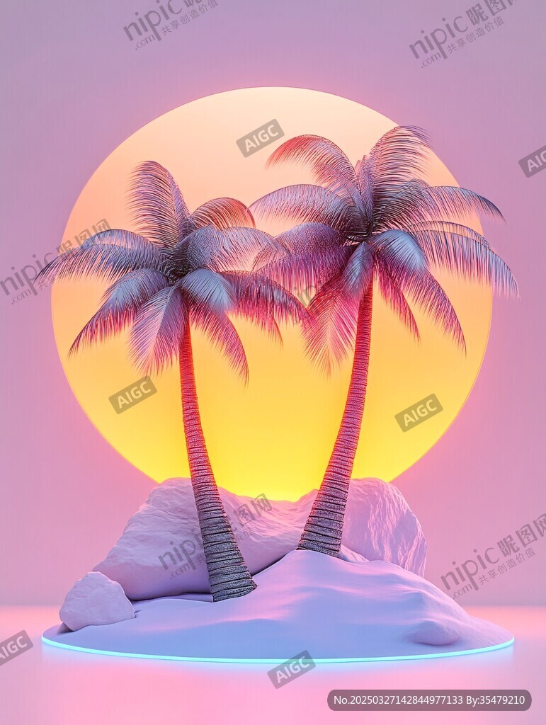 梦幻夕阳下的双棕榈树岛