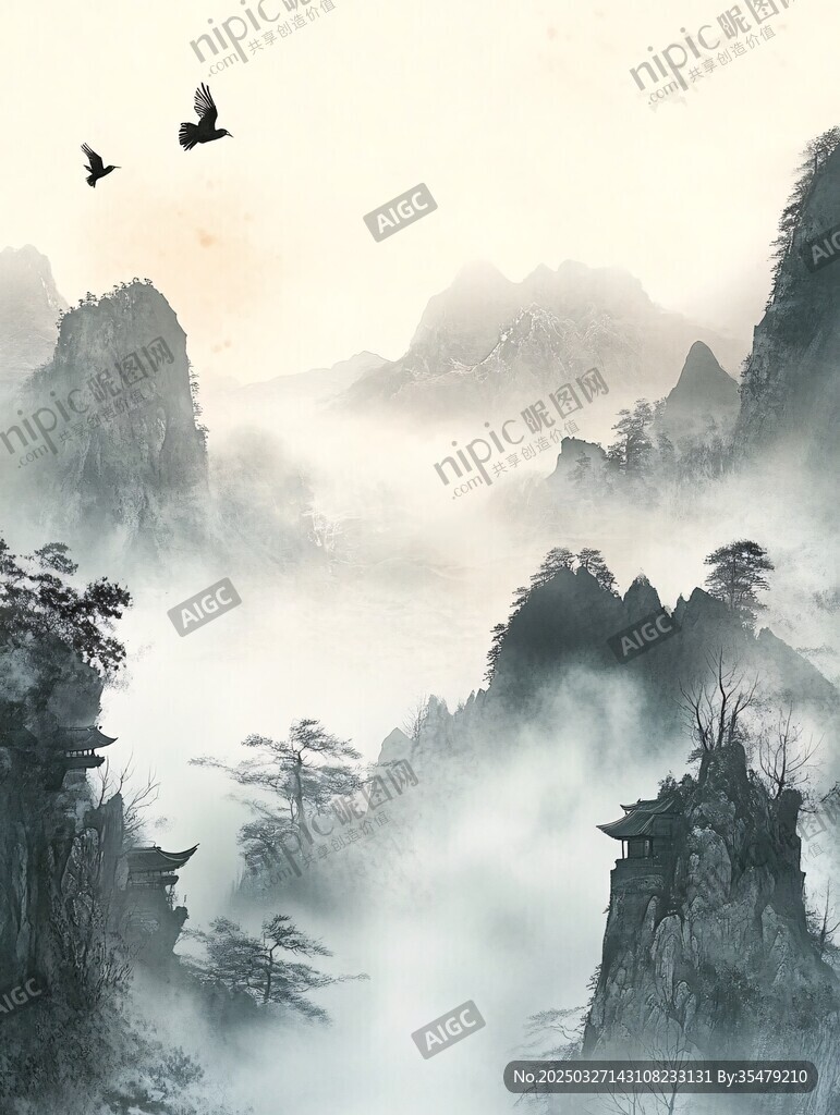 水墨山水间飞鸟翱翔之景