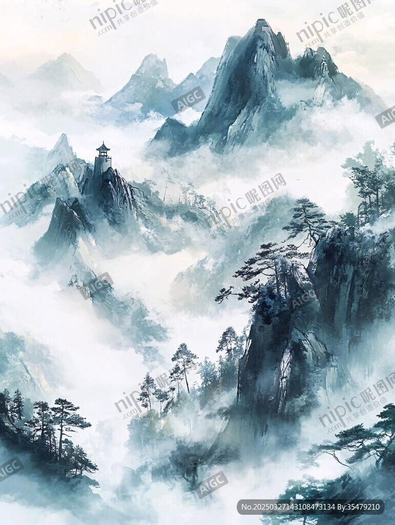 水墨云雾中的巍峨山川
