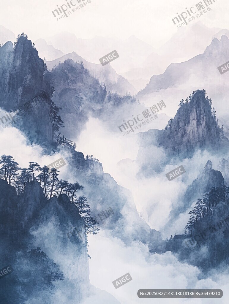 水墨云雾中的巍峨山峦