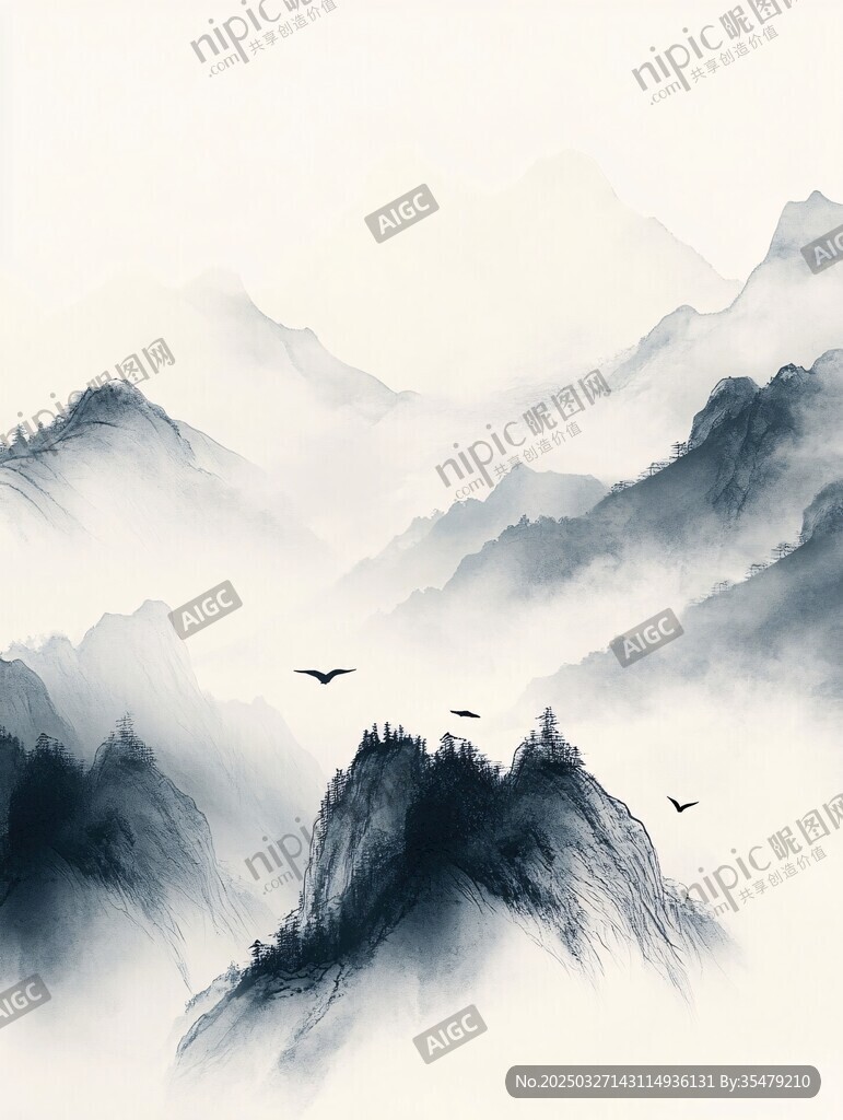 水墨山水间飞鸟翱翔