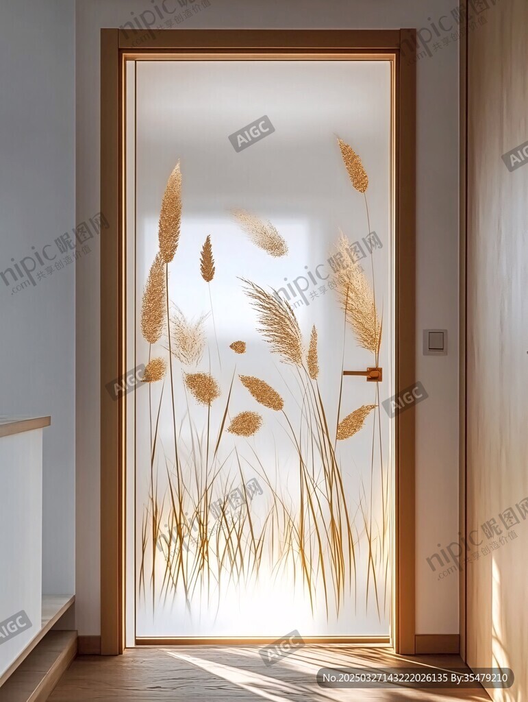 玻璃门上的金色芦苇装饰画