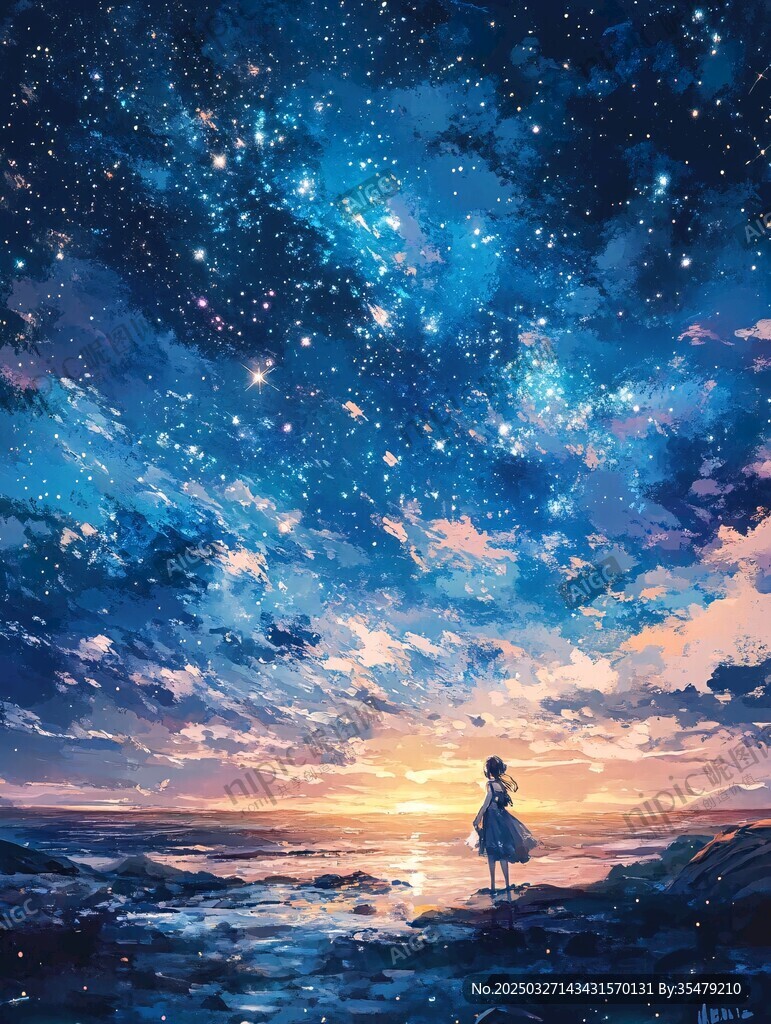 少女独赏璀璨星空美景
