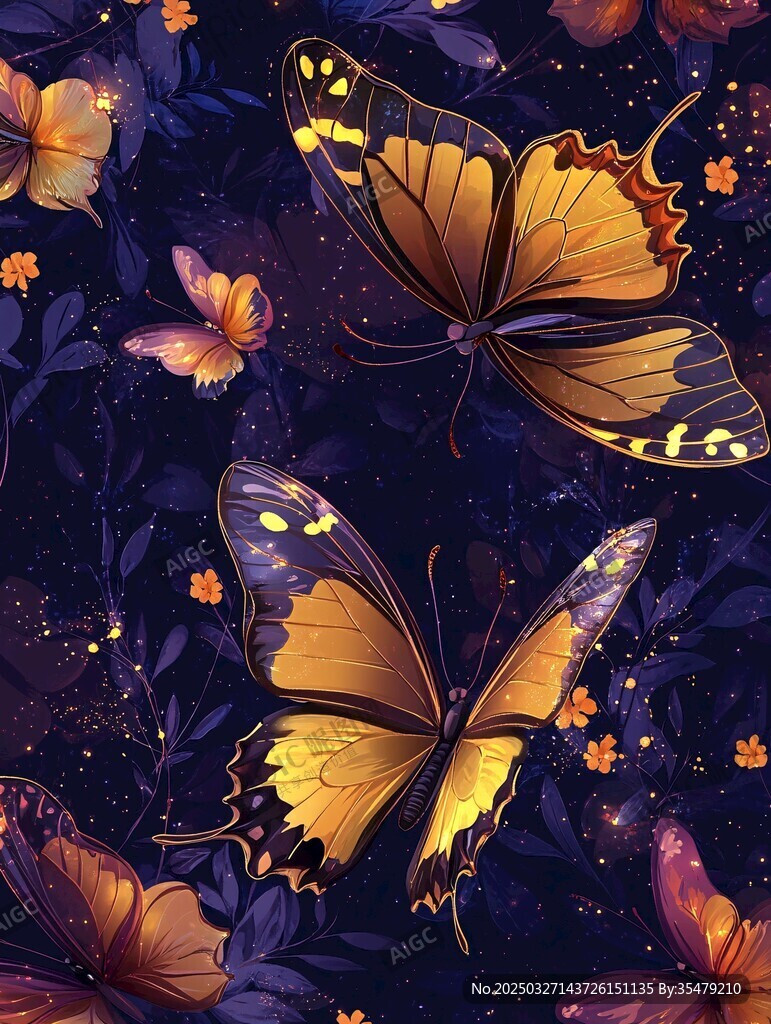 梦幻夜蝶与繁花图案