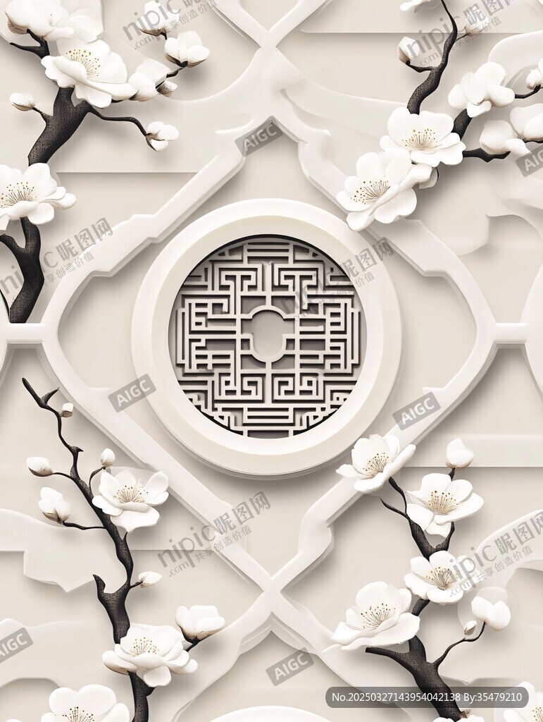 中式雕花与玉兰花装饰图