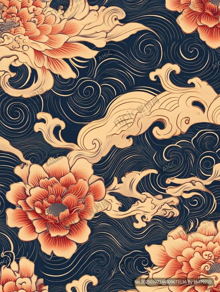中式牡丹海浪纹传统图案