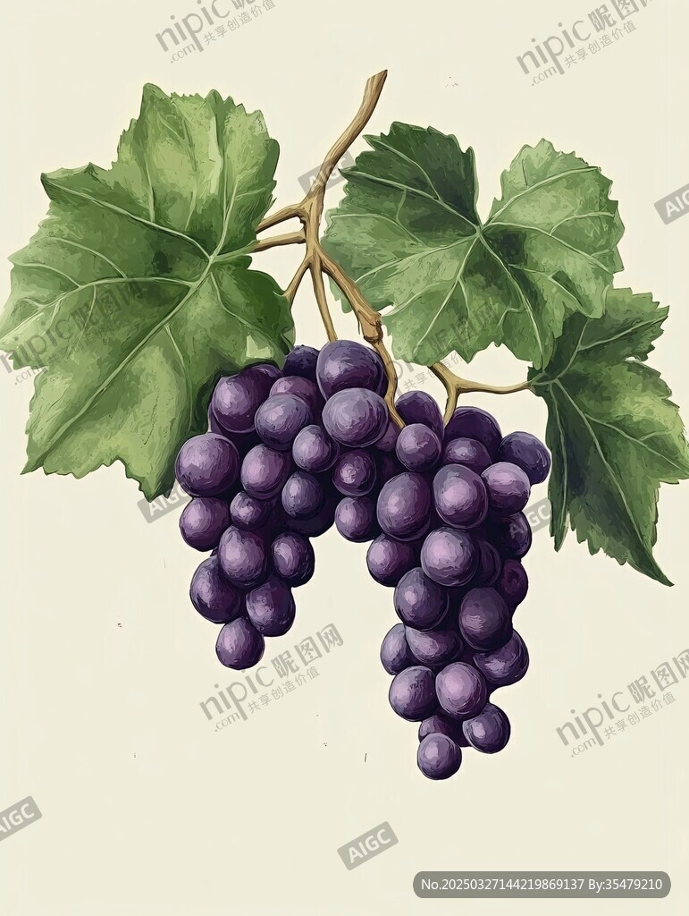 紫葡萄与绿叶插画