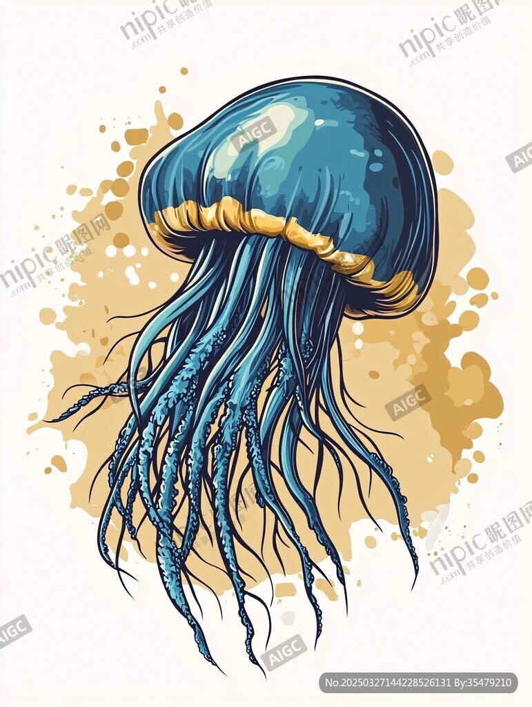 梦幻蓝色水母插画