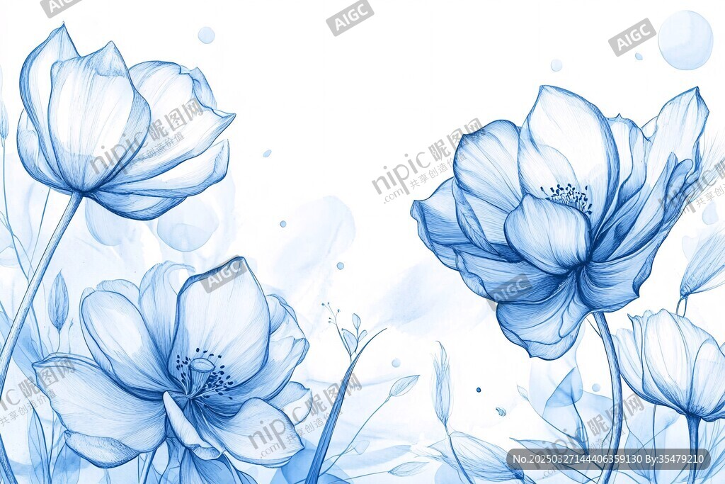 蓝调花卉插画背景图