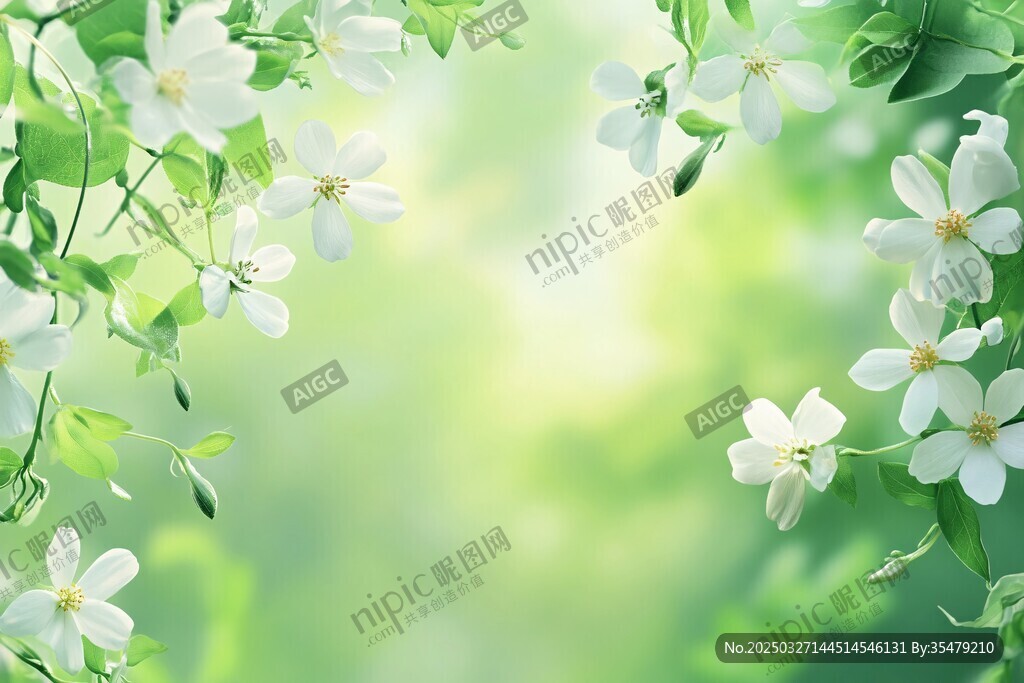 清新白色小花与绿叶背景