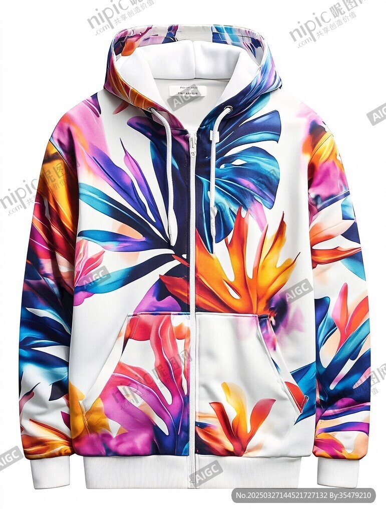 彩色花卉图案连帽拉链卫衣