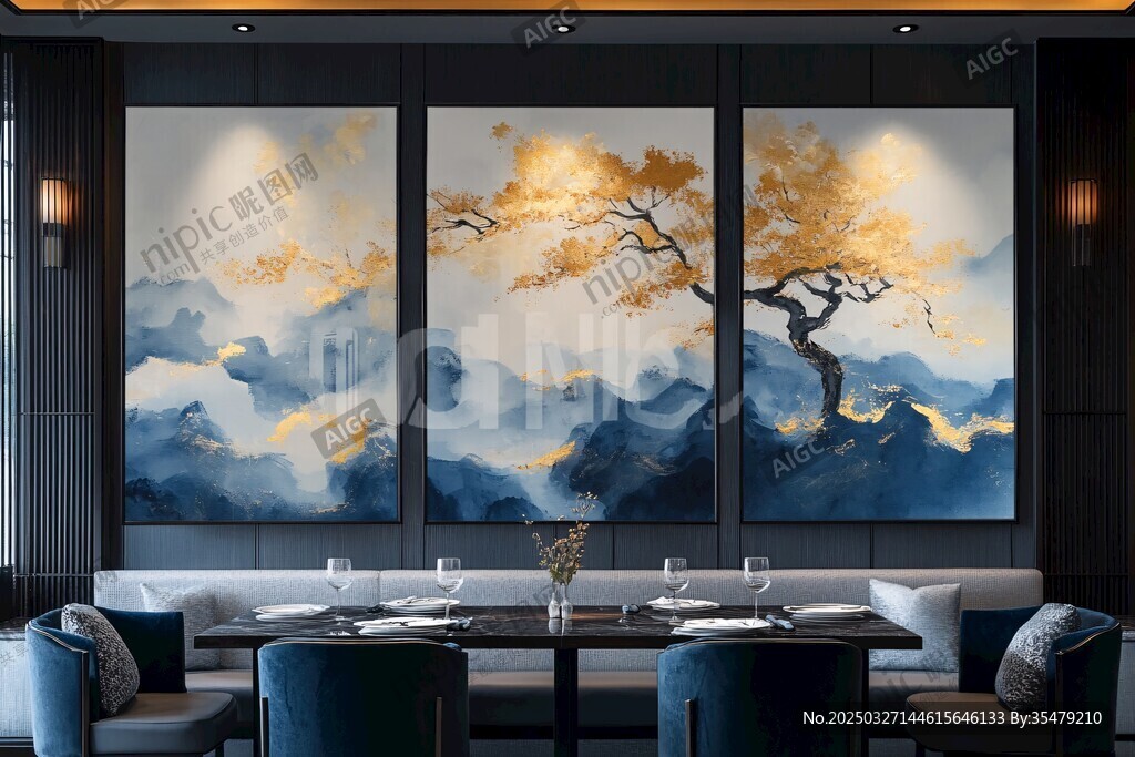 中式餐厅的山水金树挂画