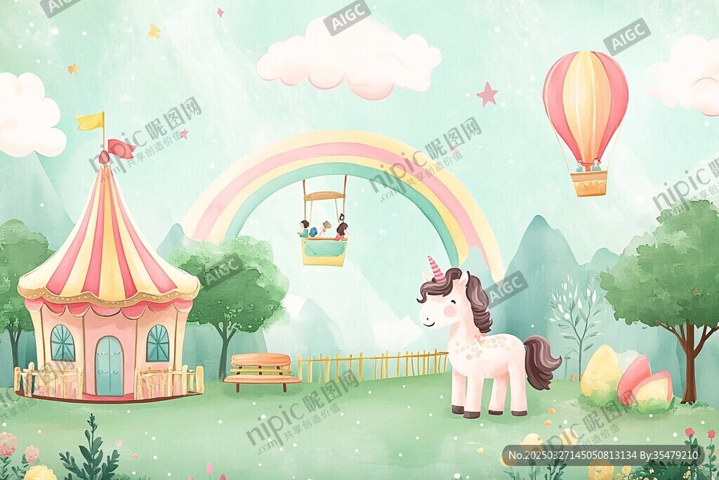 梦幻童话乐园中的可爱独角兽
