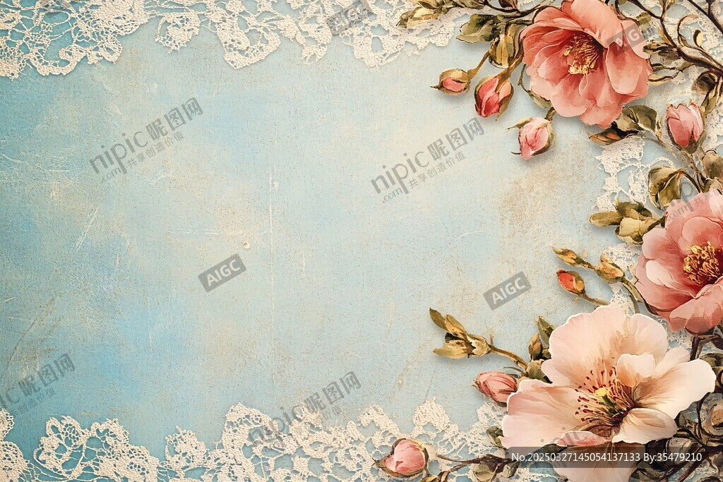 淡蓝背景上的蕾丝与花卉