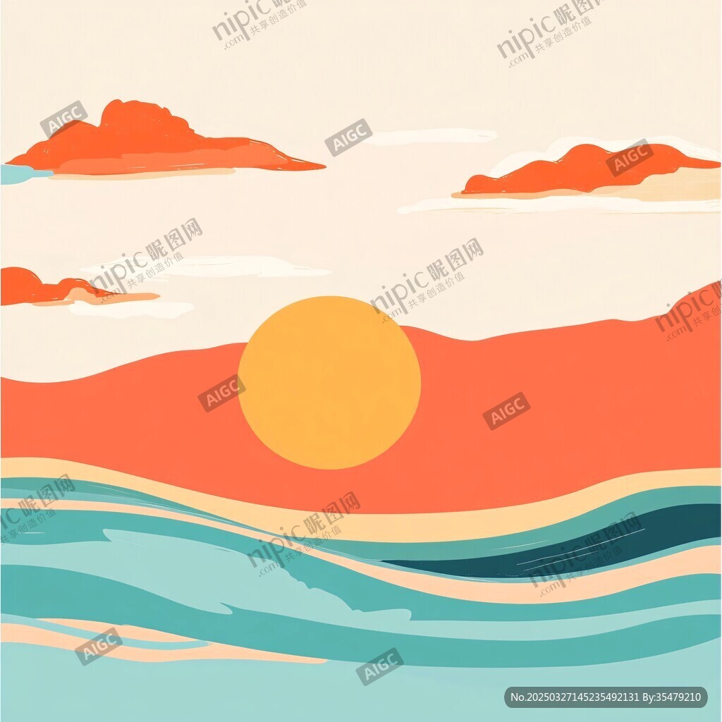 海边日落简约插画风景