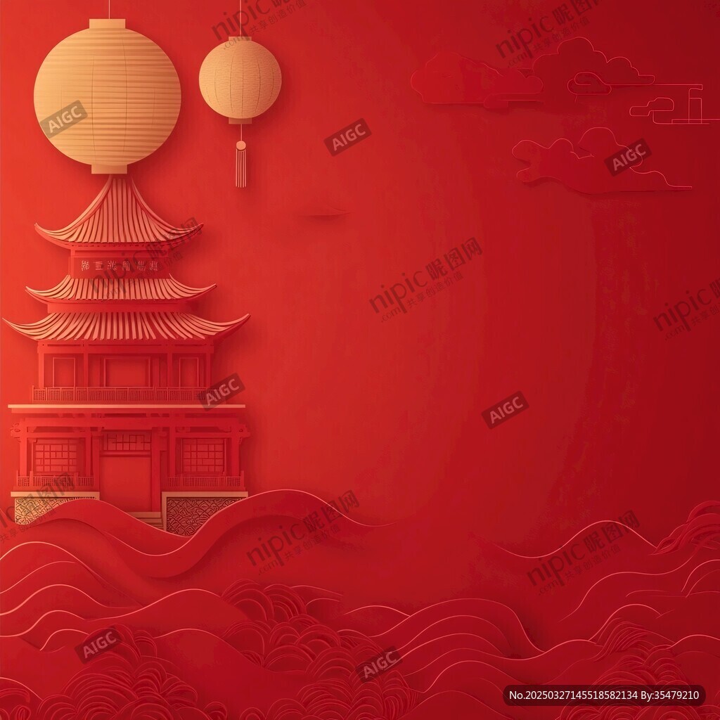 中式红背景下的灯笼与楼阁