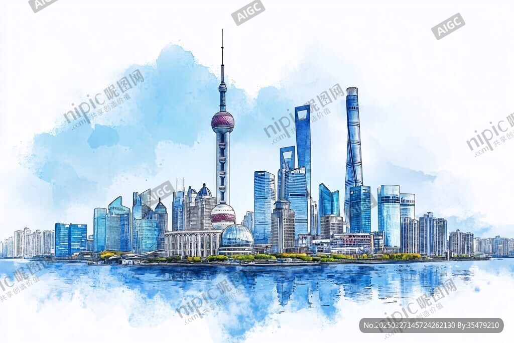 上海外滩水彩风城市天际线