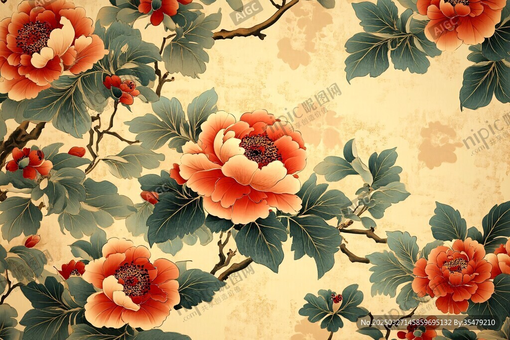 中式牡丹花卉复古风图案