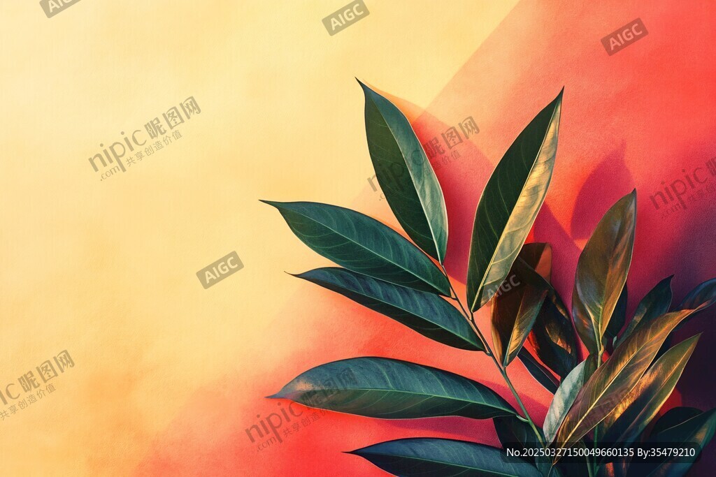 橙红背景下的翠绿叶片