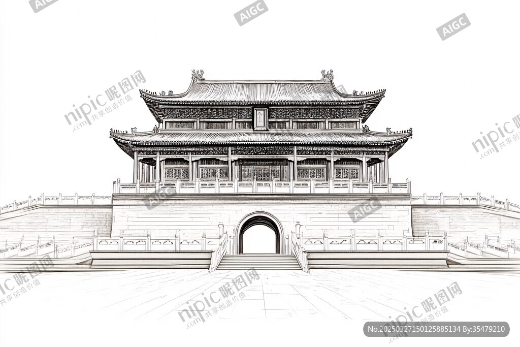 中式古建筑门楼线稿图