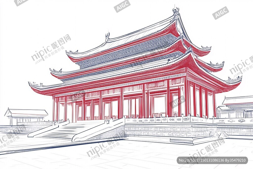 中式古建筑手绘线条图