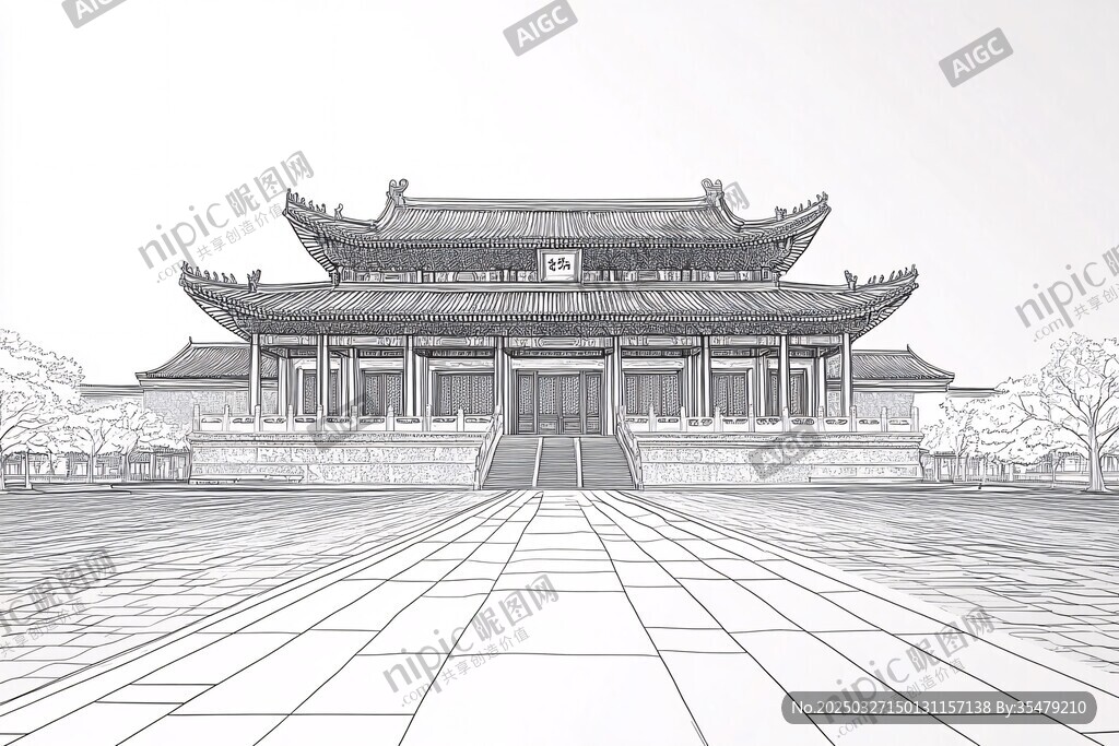 中式古建筑手绘线条图