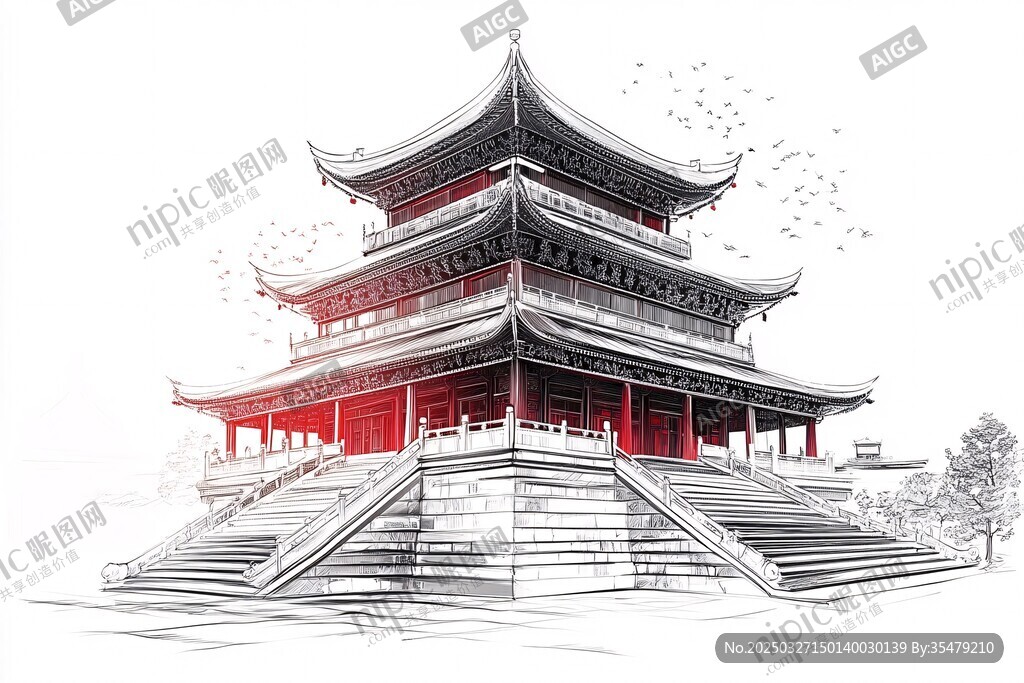 中式古风阁楼建筑手绘图