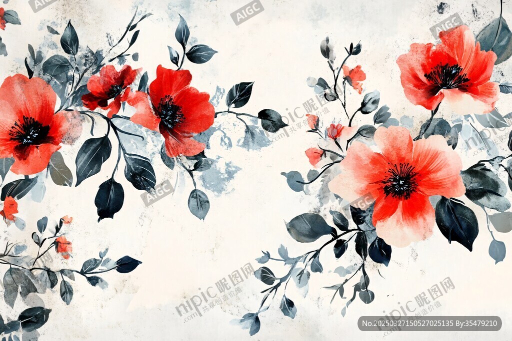 水墨风红花朵叶装饰画