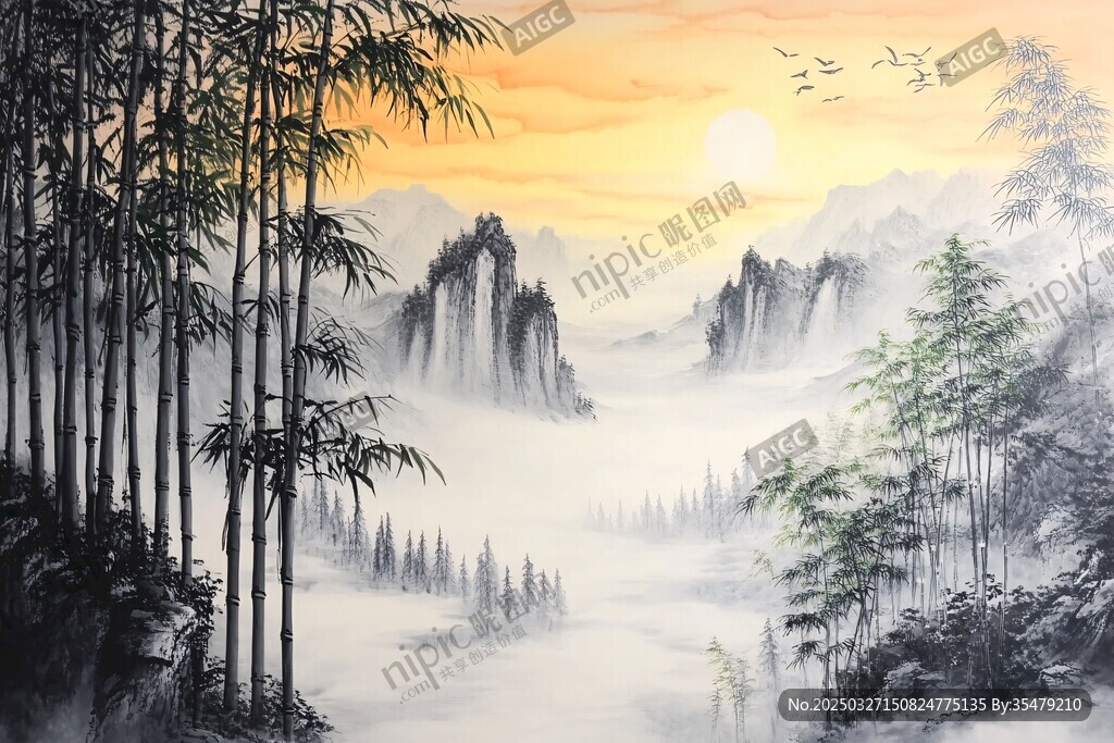 夕阳下的竹林山峦美景