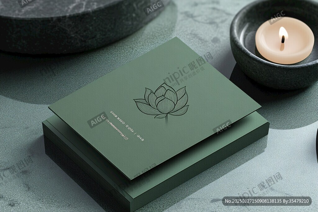 绿色礼盒配莲花图案与蜡烛