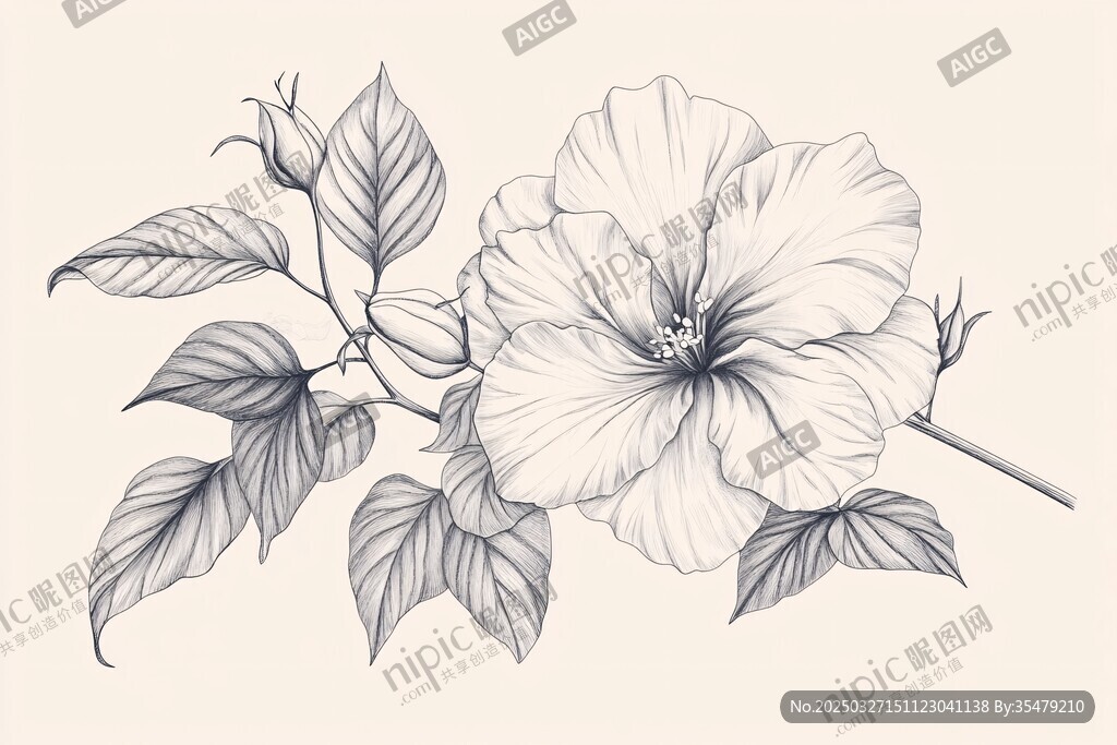 手绘木槿花枝叶线条画