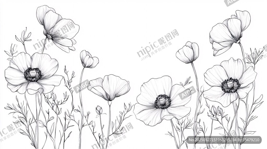 黑白线条风花朵花卉插画