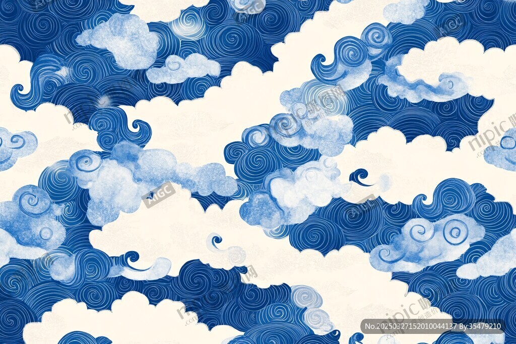 中式蓝白祥云海浪纹图案