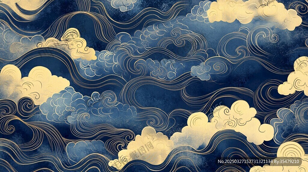 中式蓝金云纹海浪图案