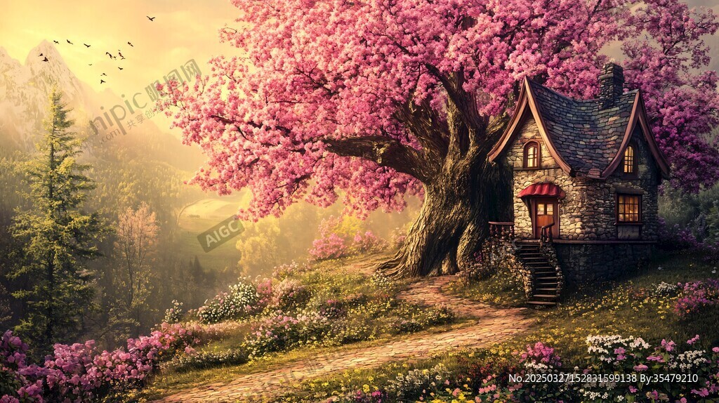 梦幻樱花下的静谧小木屋