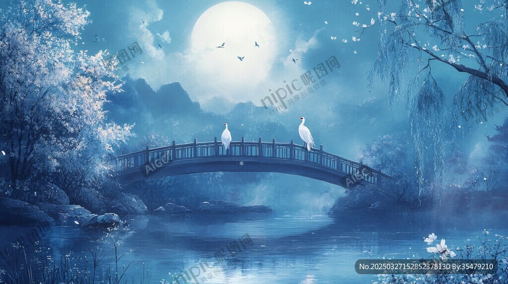 月夜桥上双鹤静谧之景
