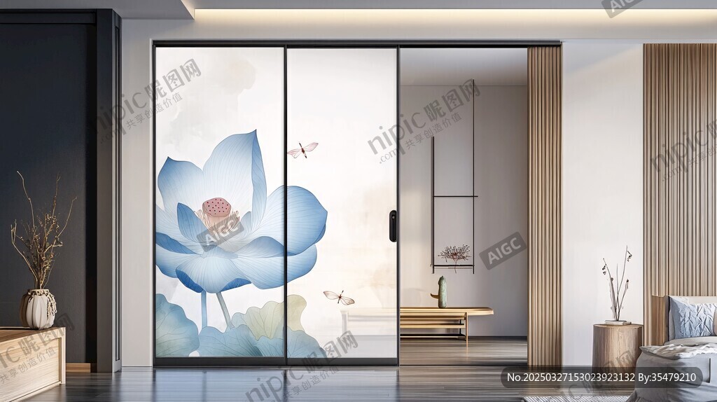 中式荷花图案玻璃隔断门