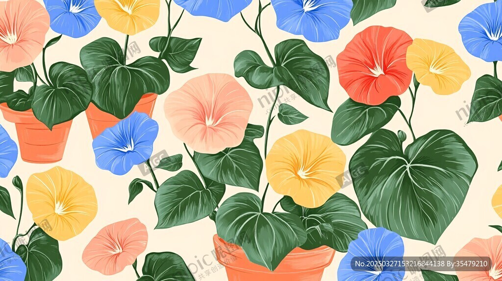盆栽牵牛花无缝图案设计