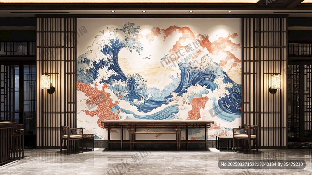 日式浮世绘风格大厅背景墙