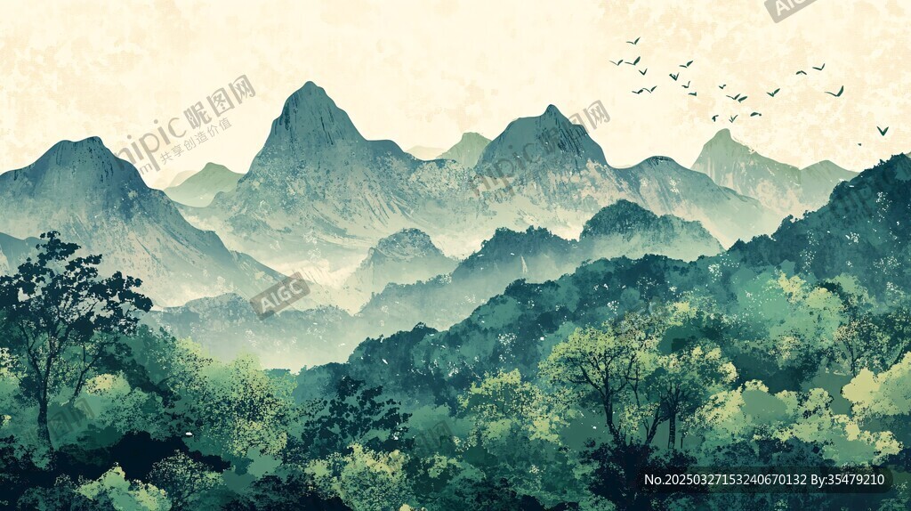 青山绿野间飞鸟相伴美景