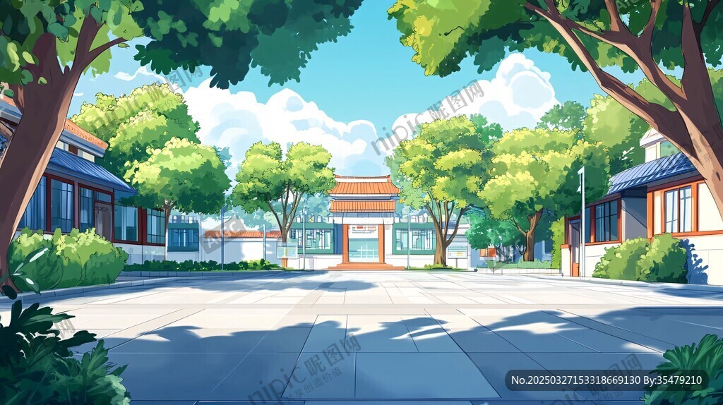 夏日校园庭院清新景象