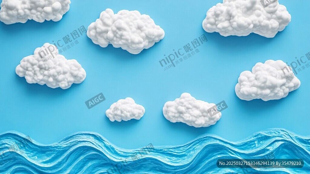 蓝色背景上的云朵与波浪