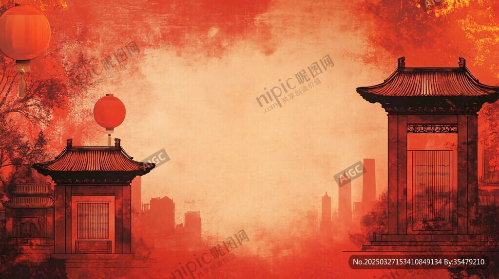 古风红韵下的城景与亭阁