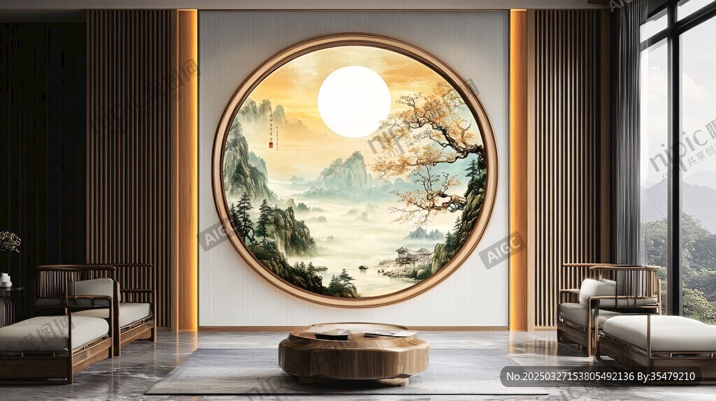 中式客厅中的山水圆形挂画
